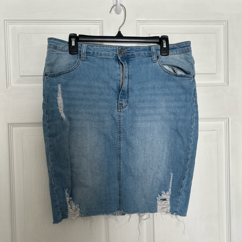 Wax Jean Light Blue Distressed Pencil Skirt